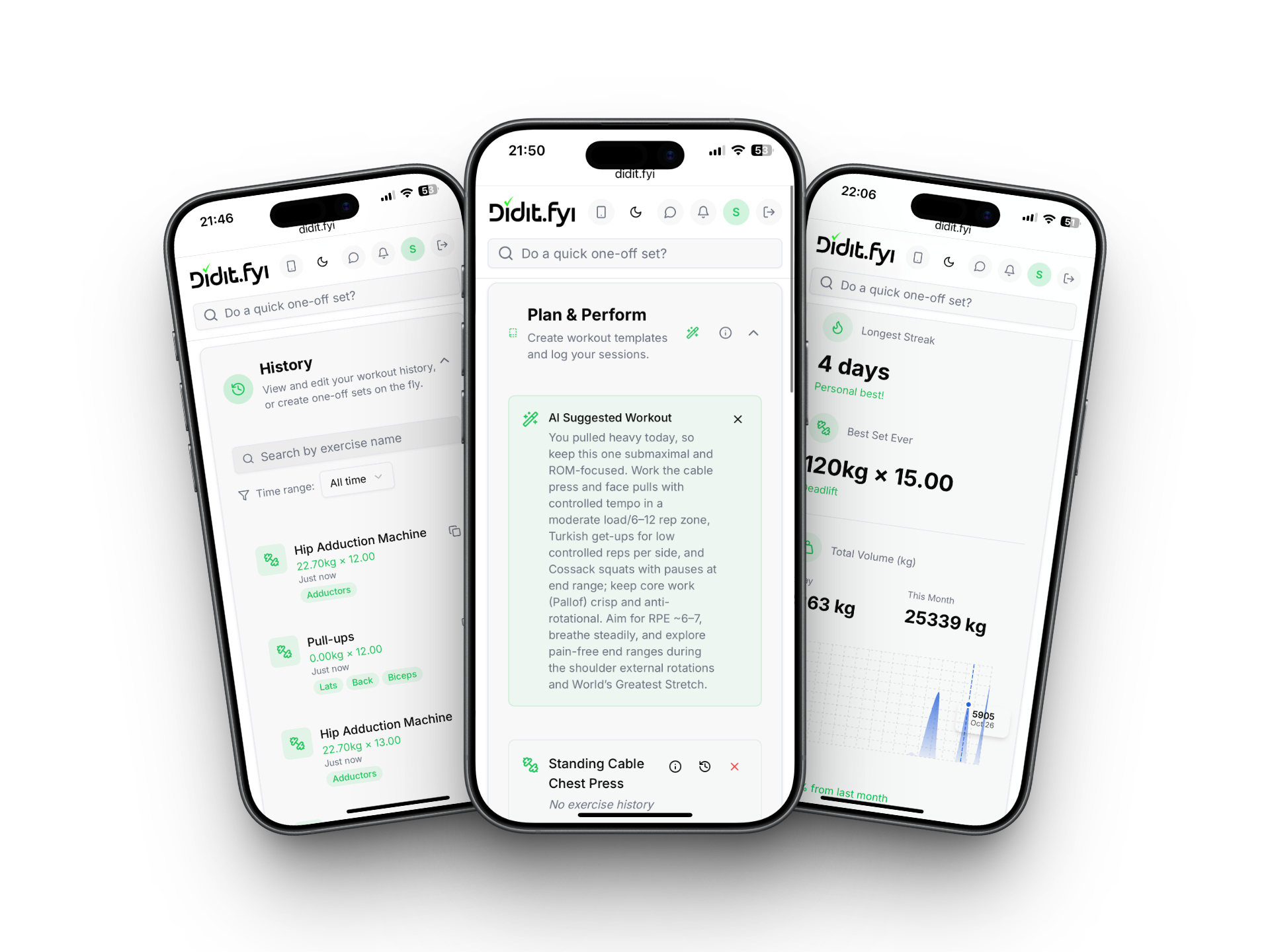 DidIt.fyi app mockup showing workout tracking features on mobile devices